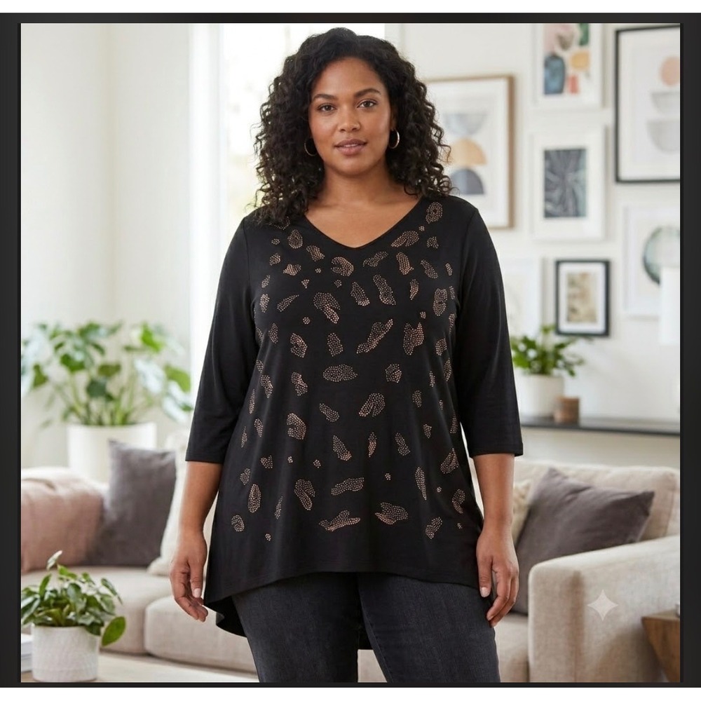 Susan Graver Weekend Black Leopard Gem Studded V-Neck Tunic Top 3/4 Sleeve 2X